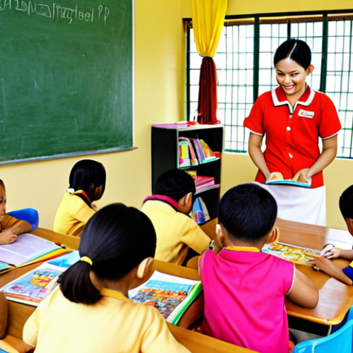 **A vibrant Thai classroom scene:** Children actively engaged in learning with a caring Thai teacher. The room is decorated with colorful learning materials and traditional Thai elements. Focus on the teacher's encouragement and the children's enthusiasm for reading and writing.