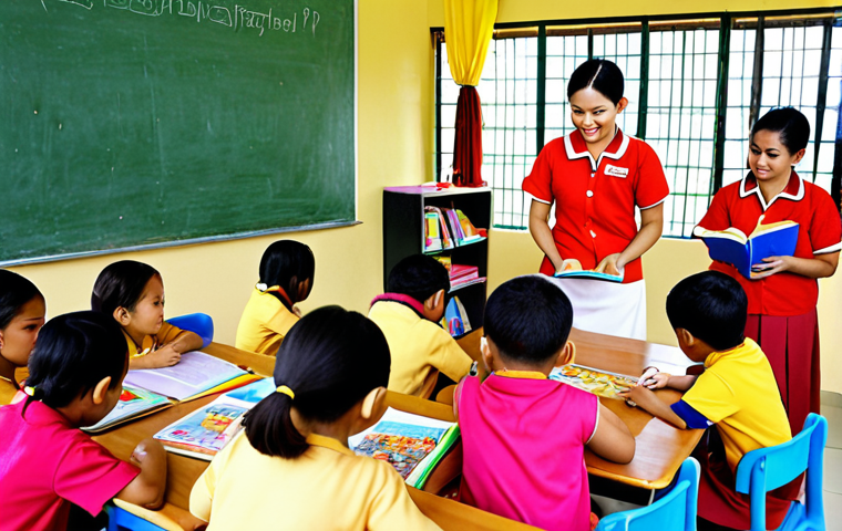 **A vibrant Thai classroom scene:** Children actively engaged in learning with a caring Thai teacher. The room is decorated with colorful learning materials and traditional Thai elements. Focus on the teacher's encouragement and the children's enthusiasm for reading and writing.