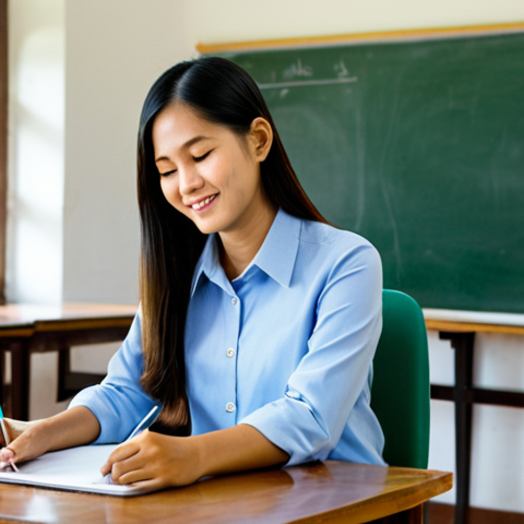 A compassionate Thai GedNet teacher, female, in professional yet modest attire, gently guiding the hand of an adult Thai student, female, as she writes, in a brightly lit, simple non-formal education classroom. The student, dressed in clean, appropriate everyday clothing, shows a look of concentration and a subtle smile of achievement. The classroom features a blackboard, simple wooden tables and chairs, and a few educational charts on the wall. The atmosphere is warm, supportive, and focused on learning. Perfect anatomy, correct proportions, natural pose, well-formed hands, proper finger count, natural body proportions. Professional photography, high quality, realistic, natural lighting, clear focus, detailed. safe for work, appropriate content, fully clothed, modest, family-friendly.