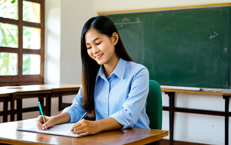 A compassionate Thai GedNet teacher, female, in professional yet modest attire, gently guiding the hand of an adult Thai student, female, as she writes, in a brightly lit, simple non-formal education classroom. The student, dressed in clean, appropriate everyday clothing, shows a look of concentration and a subtle smile of achievement. The classroom features a blackboard, simple wooden tables and chairs, and a few educational charts on the wall. The atmosphere is warm, supportive, and focused on learning. Perfect anatomy, correct proportions, natural pose, well-formed hands, proper finger count, natural body proportions. Professional photography, high quality, realistic, natural lighting, clear focus, detailed. safe for work, appropriate content, fully clothed, modest, family-friendly.