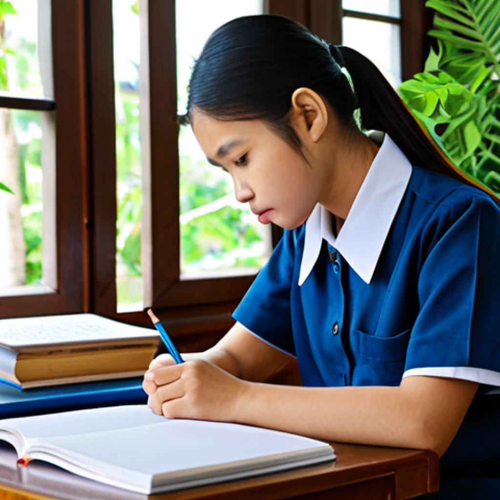 Aspiring Teacher Studying**

"A young Thai woman studying diligently at a wooden desk, textbooks and notebooks open in front of her, wearing a modest and respectful student uniform, appropriate attire, bright natural light from a window, potted plants in the background, safe for work, professional, perfect anatomy, correct proportions, well-formed hands, proper finger count, natural body proportions, high quality."

**