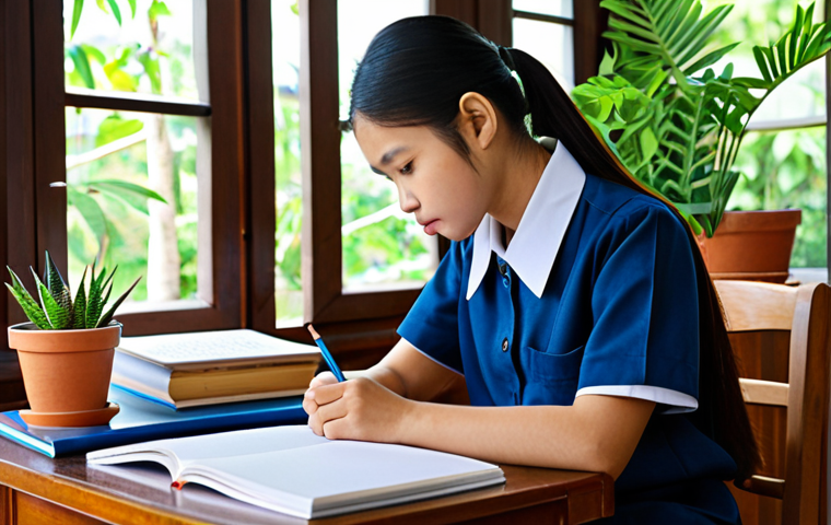 Aspiring Teacher Studying**

"A young Thai woman studying diligently at a wooden desk, textbooks and notebooks open in front of her, wearing a modest and respectful student uniform, appropriate attire, bright natural light from a window, potted plants in the background, safe for work, professional, perfect anatomy, correct proportions, well-formed hands, proper finger count, natural body proportions, high quality."

**