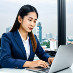 **

A Thai businesswoman in a modern, modest business suit, working on a laptop at a bright and clean desk in a Bangkok office. Background features a panoramic city view. Fully clothed, appropriate attire, safe for work, perfect anatomy, natural proportions, professional, family-friendly, high quality image.

**