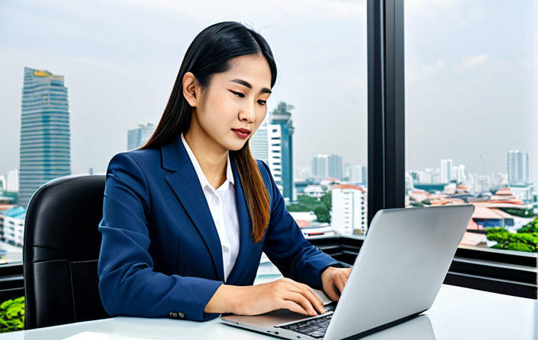 **

A Thai businesswoman in a modern, modest business suit, working on a laptop at a bright and clean desk in a Bangkok office. Background features a panoramic city view. Fully clothed, appropriate attire, safe for work, perfect anatomy, natural proportions, professional, family-friendly, high quality image.

**