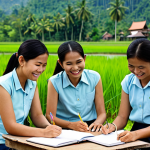 A Rural Thai Literacy Class**

"A dedicated Thai teacher, fully clothed in modest, professional attire, smiles warmly at a small group of adult students in a simple, open-air classroom in a rural Thai village. Students are engaged in writing exercises with notebooks and pencils. Lush green rice paddies are visible in the background. Safe for work, appropriate content, perfect anatomy, natural proportions, well-formed hands, proper finger count, professional, modest, family-friendly, high quality, natural pose."

**