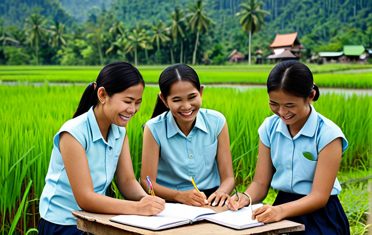 A Rural Thai Literacy Class**

"A dedicated Thai teacher, fully clothed in modest, professional attire, smiles warmly at a small group of adult students in a simple, open-air classroom in a rural Thai village. Students are engaged in writing exercises with notebooks and pencils. Lush green rice paddies are visible in the background. Safe for work, appropriate content, perfect anatomy, natural proportions, well-formed hands, proper finger count, professional, modest, family-friendly, high quality, natural pose."

**