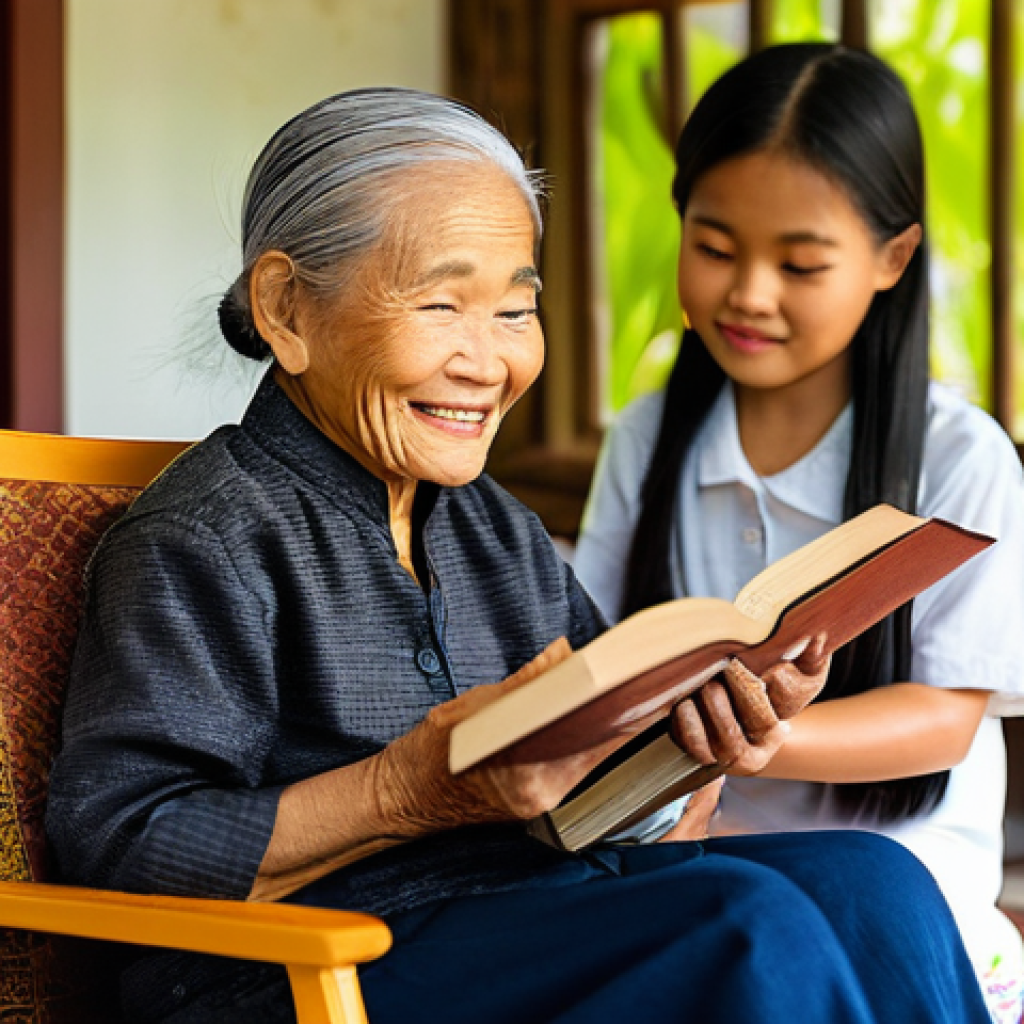 문해교육사와 비문해 성인 학습법 - **Prompt:** "A heartwarming and serene scene depicting an elderly Thai woman, with a gentle, determi...