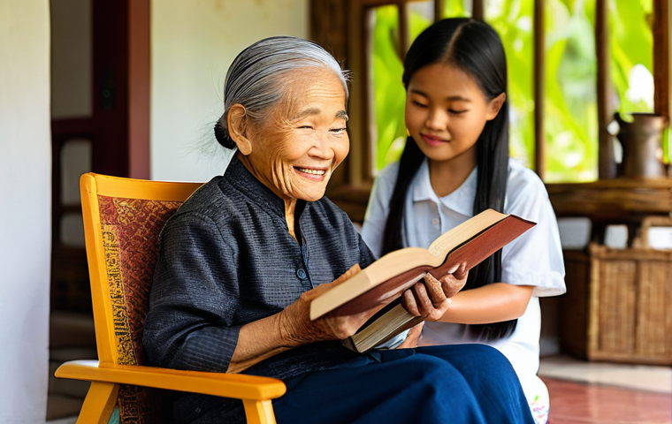 문해교육사와 비문해 성인 학습법 - **Prompt:** "A heartwarming and serene scene depicting an elderly Thai woman, with a gentle, determi...