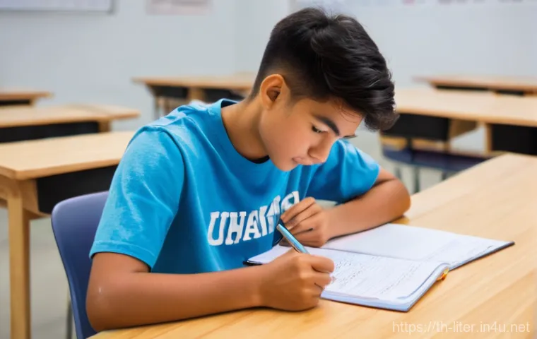 문해교육사 자격증 기출문제 활용법 - A focused university student, wearing a modest t-shirt and jeans, sits intensely at a light-colored ...