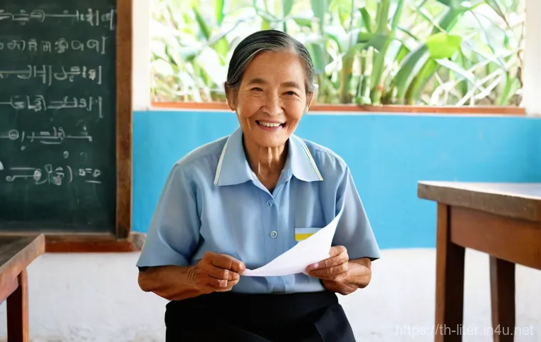 문해교육사와 직업 만족도 조사 연구 - **Prompt:** A heartwarming scene inside a bright, humble community learning center in a rural Thai v...