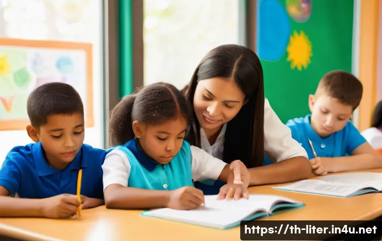 문해교육사와 학습자 관찰 기록법 - **Prompt 1: The Observant Teacher in a Diverse Classroom**
    "A heartwarming and bright indoor sce...