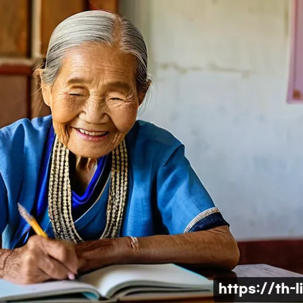 문해교육사와 타 직업 비교 - **Prompt:** A heartwarming scene in a rural Thai community learning center. An elderly Thai woman, w...