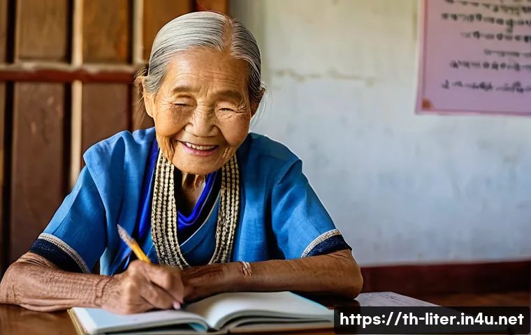 문해교육사와 타 직업 비교 - **Prompt:** A heartwarming scene in a rural Thai community learning center. An elderly Thai woman, w...
