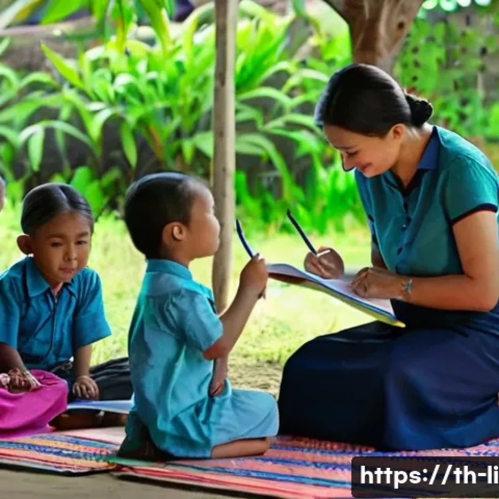 문해교육사와 직무 만족 설문 - **Prompt:** A heartwarming scene in a remote, lush green rural Thai village. A compassionate female ...