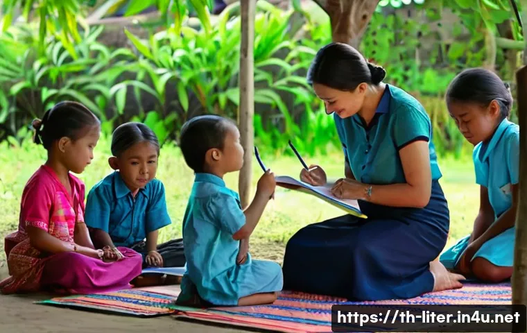 문해교육사와 직무 만족 설문 - **Prompt:** A heartwarming scene in a remote, lush green rural Thai village. A compassionate female ...