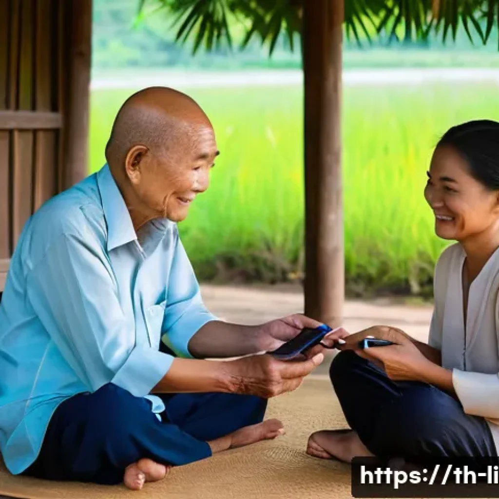 문해교육사로서의 커뮤니티 기여 - **Prompt:** "A warm and authentic scene depicting intergenerational learning in a tranquil Thai vill...