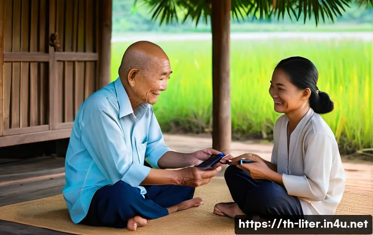 문해교육사로서의 커뮤니티 기여 - **Prompt:** "A warm and authentic scene depicting intergenerational learning in a tranquil Thai vill...