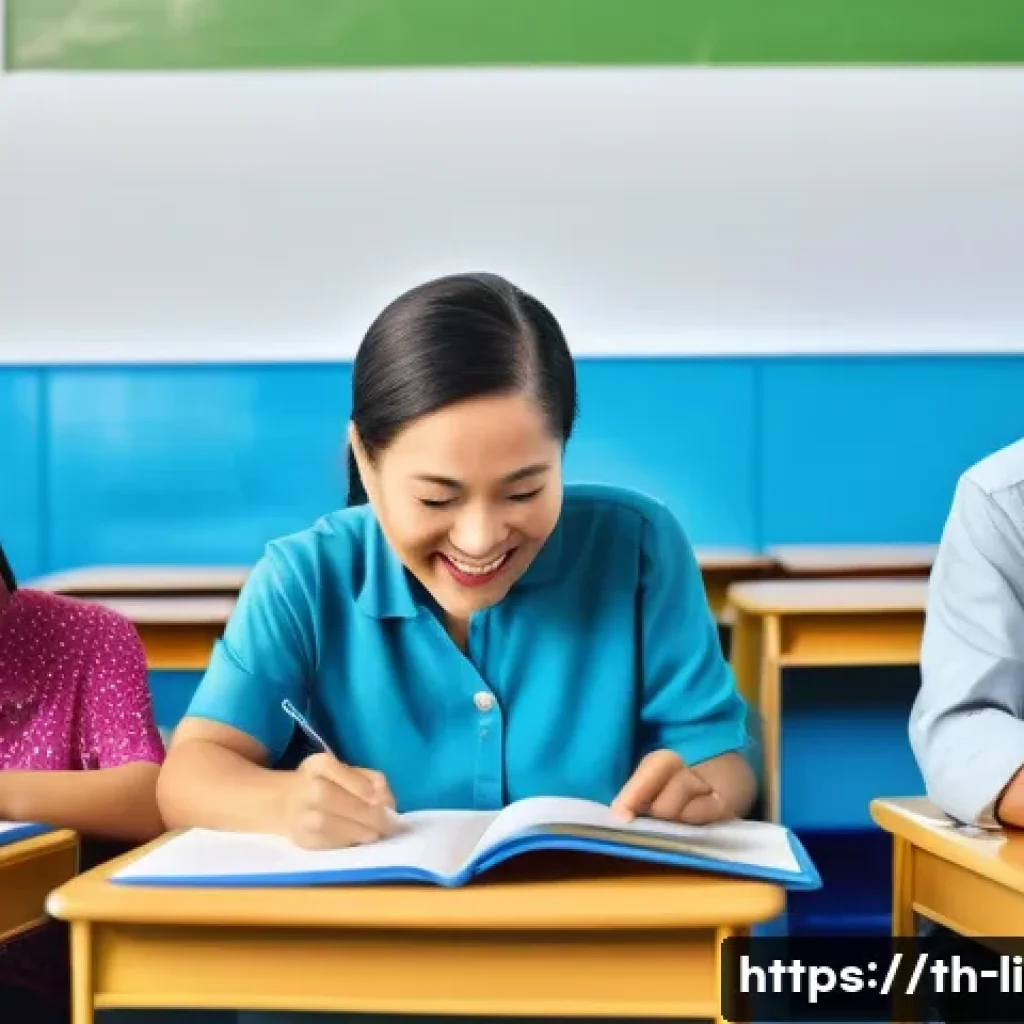 문해교육사와 직업 훈련 프로그램 - A diverse group of adult learners in a modern classroom setting in Thailand, engaged in reading and ...