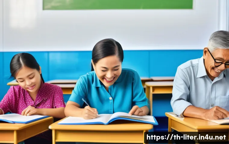 문해교육사와 직업 훈련 프로그램 - A diverse group of adult learners in a modern classroom setting in Thailand, engaged in reading and ...