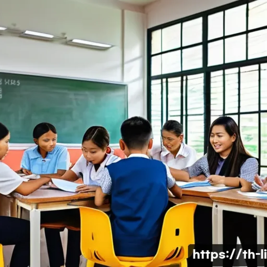 문해교육사와 학습 목표 달성 사례 - A modern classroom scene in Thailand with a diverse group of adult learners attentively using digita...