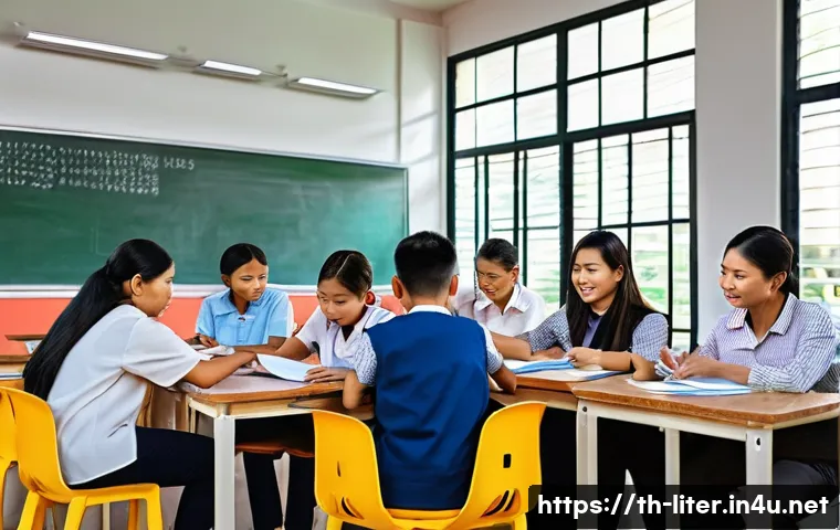 문해교육사와 학습 목표 달성 사례 - A modern classroom scene in Thailand with a diverse group of adult learners attentively using digita...