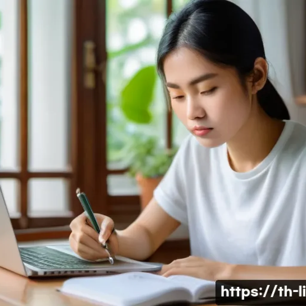 문해교육사와 자격 취득 준비 비용 - A focused young Thai adult woman studying at home, sitting at a wooden desk with Thai language books...