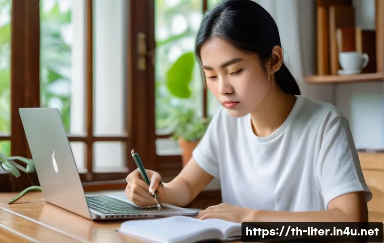 문해교육사와 자격 취득 준비 비용 - A focused young Thai adult woman studying at home, sitting at a wooden desk with Thai language books...
