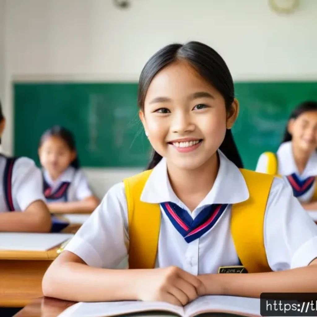 문해교육사와 학생 만족도 조사 결과 - A cheerful young Thai girl wearing a colorful school uniform and a backpack, sitting at a wooden des...