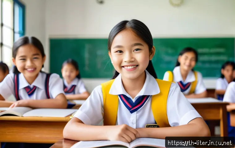문해교육사와 학생 만족도 조사 결과 - A cheerful young Thai girl wearing a colorful school uniform and a backpack, sitting at a wooden des...