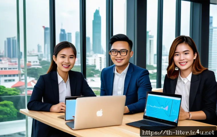 문해교육사 이직 성공 전략 - A modern co-working space in Bangkok with diverse young Thai professionals collaborating on digital ...