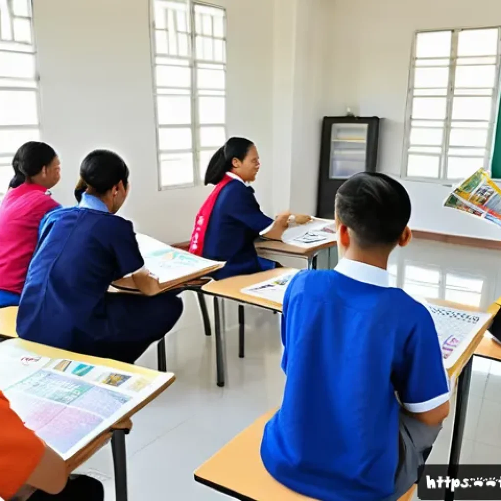 문해교육사와 학습 이론 적용법 - A vibrant classroom scene in a modern Thai school where a diverse group of adult learners, dressed i...
