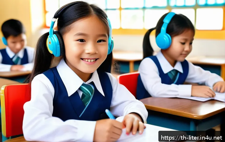 문해교육사와 학습 목표 설정 사례 - A bright and cheerful elementary classroom scene in Thailand, featuring a young Thai boy and girl ar...