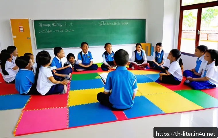 문해교육사 실무 교육 과정 - A warm and friendly classroom scene in a modern Thai elementary school, showing a diverse group of y...