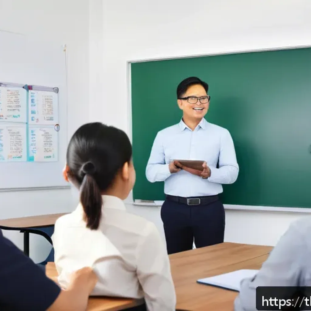 문해교육사와 직업 목표 설정 방법 - A professional adult educator in a modern Thai classroom setting, using a digital tablet and interac...