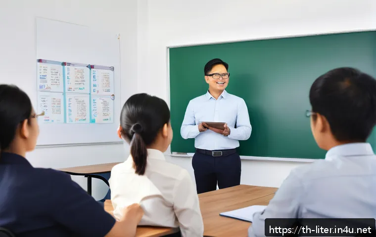 문해교육사와 직업 목표 설정 방법 - A professional adult educator in a modern Thai classroom setting, using a digital tablet and interac...