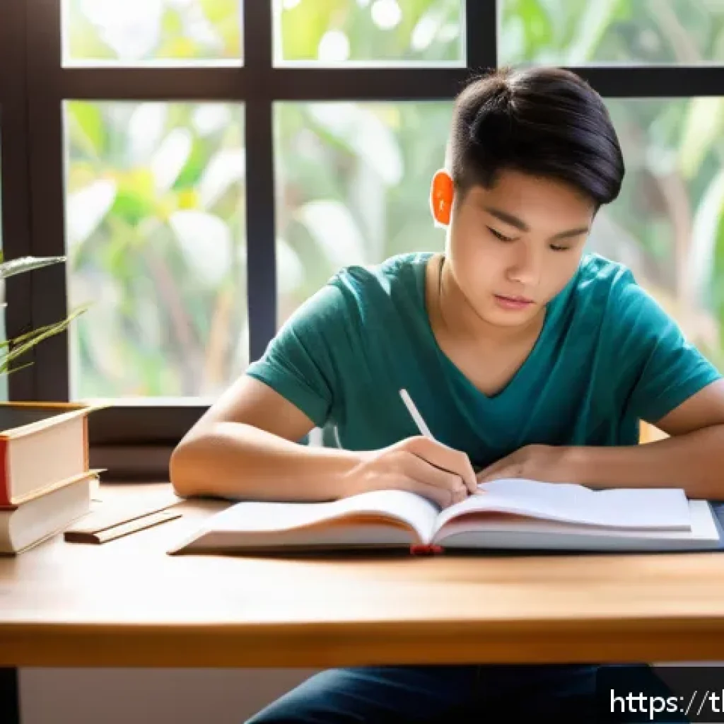 문해교육사 자격증 독학 가능성 - A focused young Thai adult studying at a clean and organized wooden desk in a well-lit room with nat...
