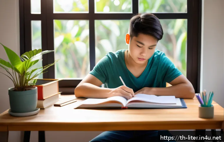 문해교육사 자격증 독학 가능성 - A focused young Thai adult studying at a clean and organized wooden desk in a well-lit room with nat...