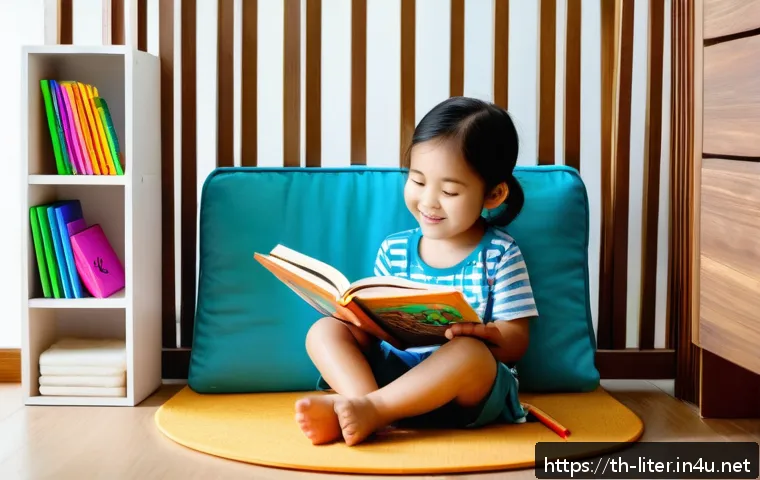 문해교육사와 인성교육의 중요성 - A cozy, well-lit children's reading nook in a modern Thai home, featuring a low wooden bookshelf fil...