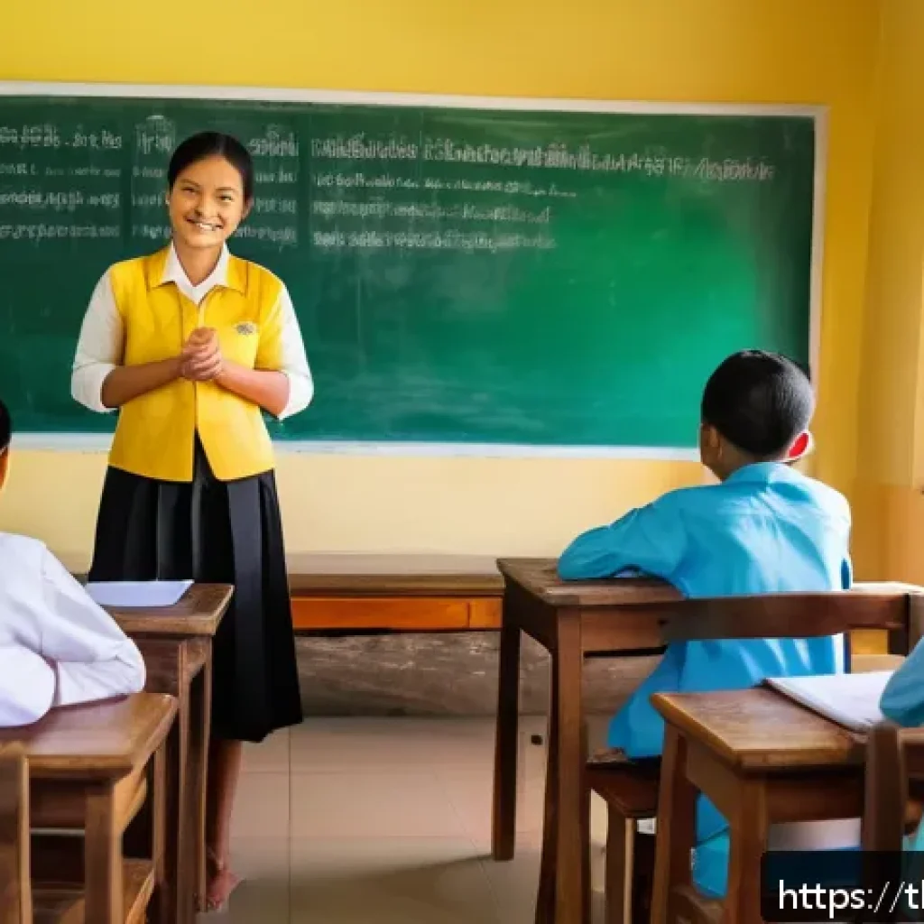 문해교육사의 사회적 역할 - A warm, inviting classroom scene in a rural Thai community, showing a compassionate teacher inspirin...