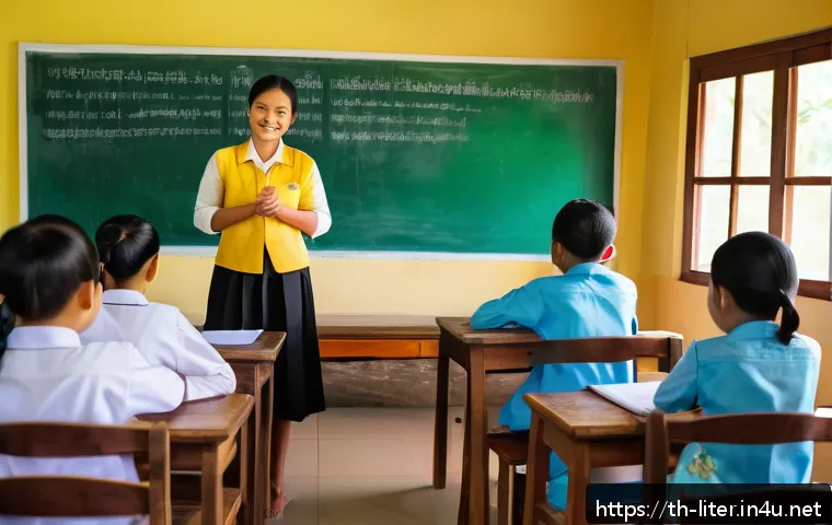 문해교육사의 사회적 역할 - A warm, inviting classroom scene in a rural Thai community, showing a compassionate teacher inspirin...