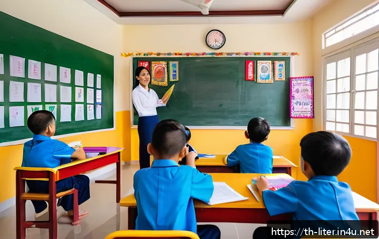 문해교육사로서의 정서적 지지 - A warm and inviting elementary school classroom in Thailand with Thai cultural decorations, featurin...