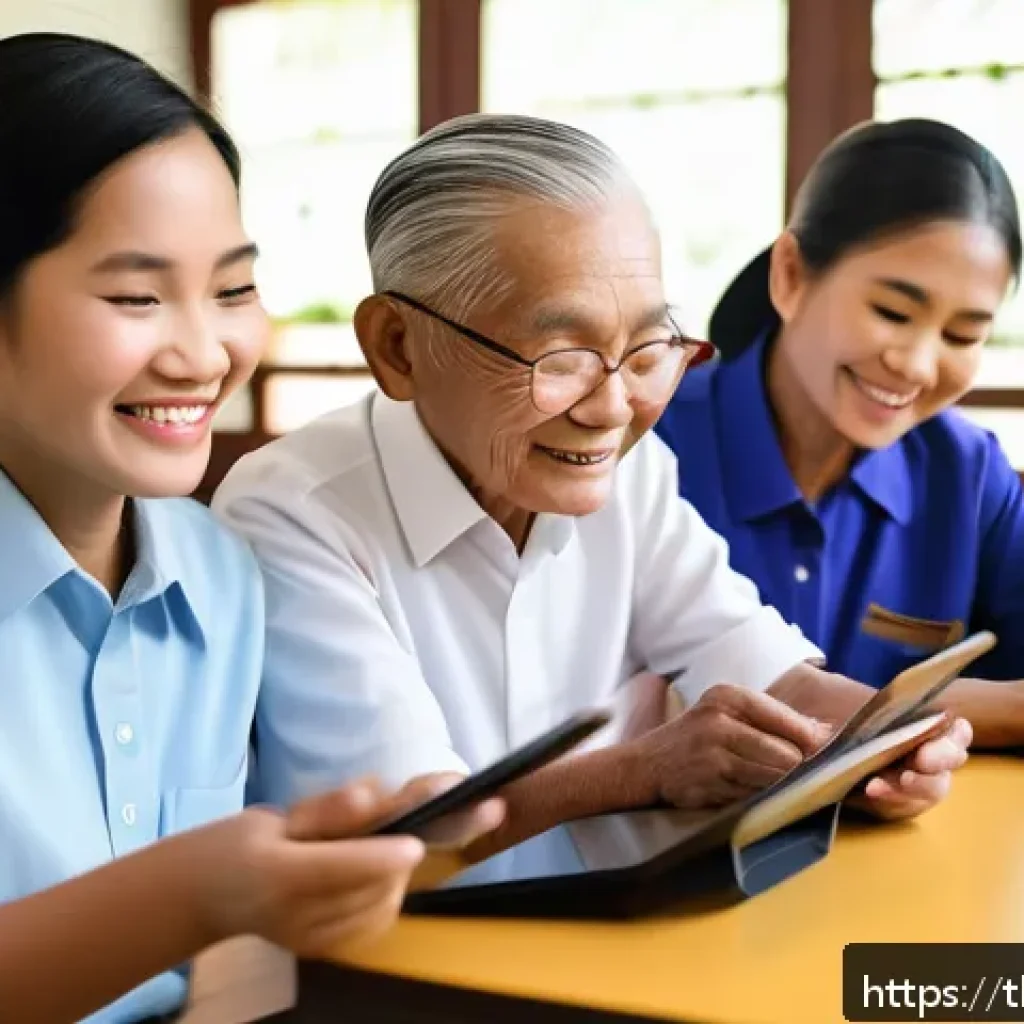 문해교육사 관련 최신 뉴스 - A diverse group of elderly Thai learners sitting in a bright community center classroom, using large...