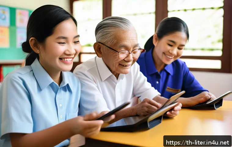 문해교육사 관련 최신 뉴스 - A diverse group of elderly Thai learners sitting in a bright community center classroom, using large...