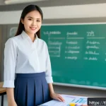 문해교육사와 학습 성과 보고서 작성법 - A professional teacher in a modern Thai classroom, wearing modest professional attire, organizing co...