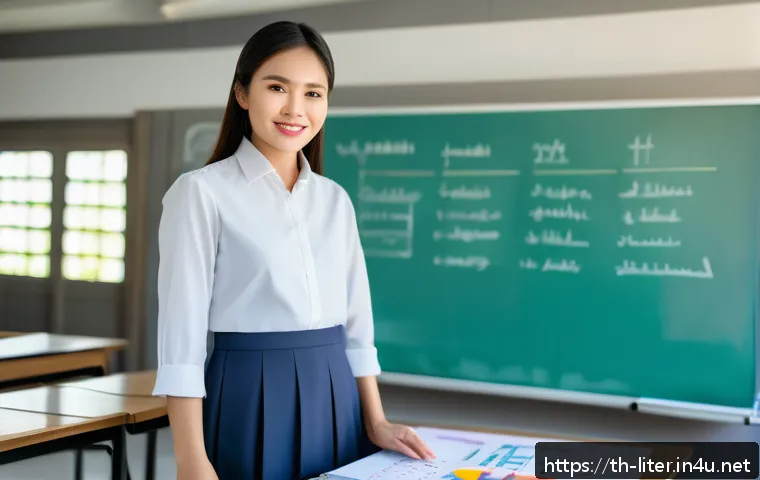 문해교육사와 학습 성과 보고서 작성법 - A professional teacher in a modern Thai classroom, wearing modest professional attire, organizing co...