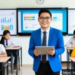 문해교육사로서의 자기 PR 방법 - A professional Thai literacy educator in a modern classroom setting, interacting warmly with diverse...