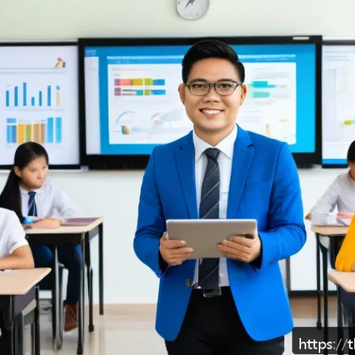 문해교육사로서의 자기 PR 방법 - A professional Thai literacy educator in a modern classroom setting, interacting warmly with diverse...