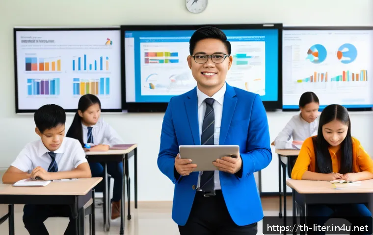 문해교육사로서의 자기 PR 방법 - A professional Thai literacy educator in a modern classroom setting, interacting warmly with diverse...