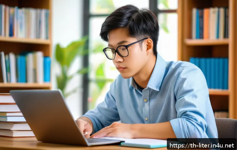 문해교육사와 필기시험 준비 사례 - A focused Thai adult student sitting at a tidy wooden desk in a cozy room with warm natural lighting...