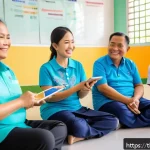 문해교육사와 학습 내용 조정 사례 - A vibrant classroom scene in a Thai community learning center, featuring a diverse group of adult le...
